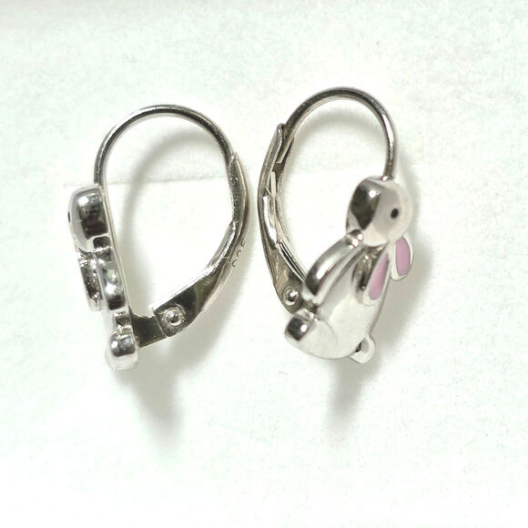 Sterling Silver 925 Easter Bunny Leverback Earrings Pink Enamel Ears Rabbit - Picture 9 of 11